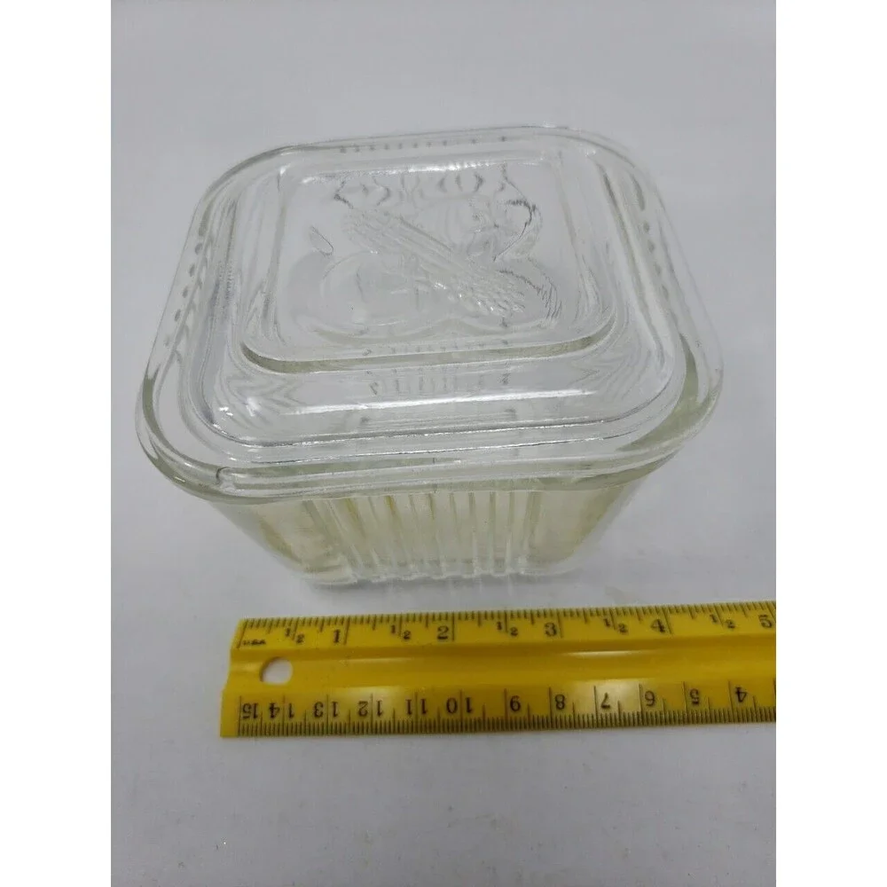 Vintage Federal Glass Refrigerator Bowl Dish Square Embossed Lid 2 small chips